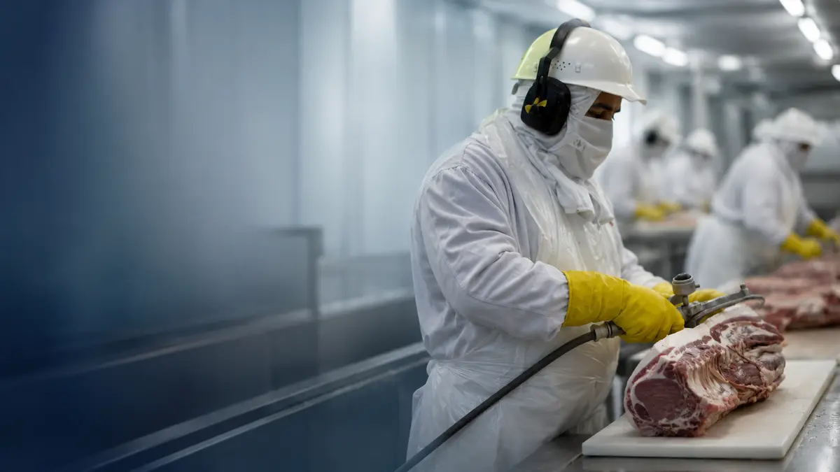 Trabalhador na linha de produção de um frigorífico